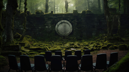 Outdoor cinema in ancient moss-covered stone circle amidst a dense mysterious forest