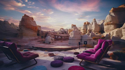 Foto op Canvas Cinema in surreal otherworldly landscape colorful alien-like rock formations © javier