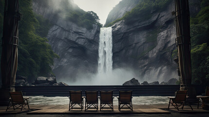 Cinema above a waterfall with cascading water and mist-covered cliffs. Natural wonder and breathtaking cinematic experience