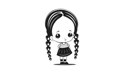 Vector cartoon noir black and white graphic cute little girl kid in a dress and with pigtails.