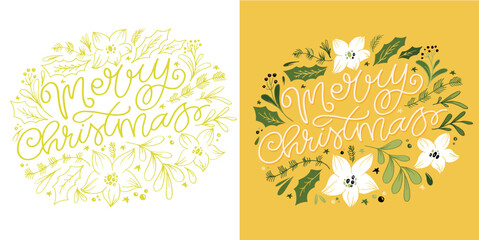 Merry Christmas and happy new year - cute postcard.  Lettering label for poster, banner, web, sale, t-shirt design. 2024. New year holiday greeting card.