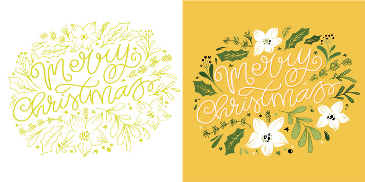 Merry Christmas and happy new year - cute postcard.  Lettering label for poster, banner, web, sale, t-shirt design. 2024. New year holiday greeting card.