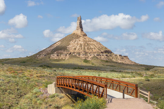 The bridge leading to Chimney Rock, a geological rock formation in the North Platte River valley