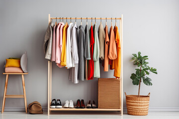 Fashionable clothes rack with a varied collection of stylish clothes and accessories in a modern setting.