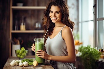 Happy woman holding a glass of fresh green juice, promoting healthy lifestyle and well-being.