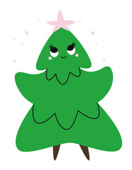 Christmas tree with star. Cute character in cartoon style.