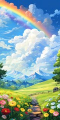 Calmness watercolor painting of rainbow over the flowers and green grass with the blue sky
