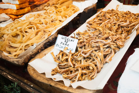Traditional unhealthy meat dish from Balkan - fried pork skin, crispy pork ears and cvarci