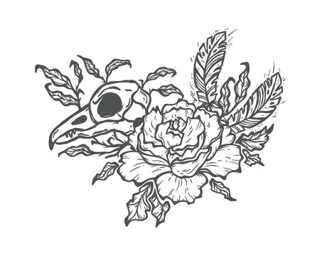 Vector Tattoo Design Raven Bird Skull, Rose Flower, Leaves and Feathers. The Day of the Dead, Halloween or Gothic and Mystic Design. Black and White Outline Drawing.