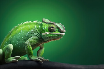 Fototapeta premium Front view of chameleon on green background. Wild animals banner with copy space