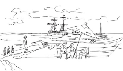 People relaxing on the beach with an umbrella, against the background of a pirate ship and boats in the sea. Ink sketch.