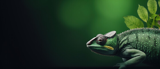 Fototapeta premium Front view of chameleon on green background. Wild animals banner with copy space