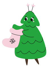 Christmas tree with stocking. Cute characters in cartoon style.