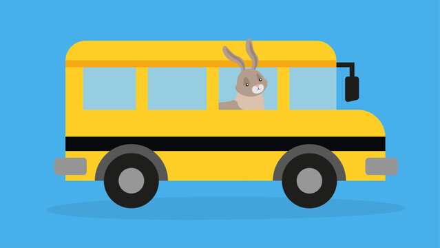 School bus with rabbit. Vector illustration in flat style. 