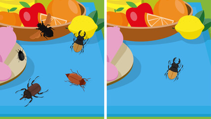 Different kinds of fruits and insects on the table. Vector illustration.