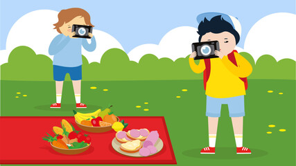 Vector illustration of a boy taking a picture of fruit on a picnic