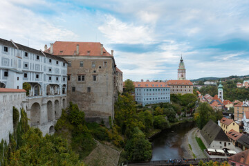Fototapeta na wymiar panoramic view of houses along the Vltava River from the castle in Český Krumlov