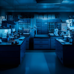 Laboratory interior with equipment and science experiments. Blue toned.