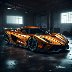 Futuristic orange sports car in the garage. 3d rendering