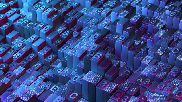 Resizing of blue 3D columns with letters and numbers. Abstract concept of big data, digital technology or data science. Looped video: visual symphony of artificial intelligence and data analysis