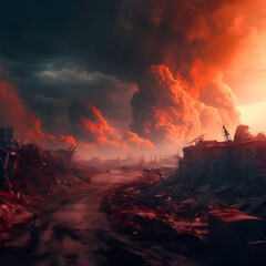 Fantasy landscape with ruins of old house destroyed by fire and smoke