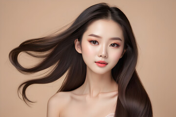 Naklejka premium Asian beautiful women with long hair makeup advertisement, Ai generated 