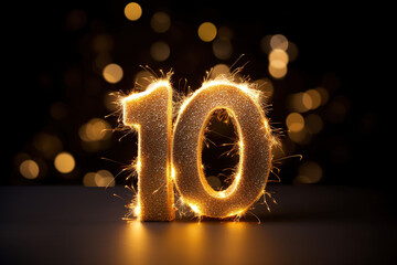 Golden sparkling number ten on black background. Symbol 10. Invitation for a tenth birthday party or business anniversary.