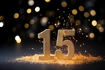 Golden sparkling number fifteen on black background. Symbol 15. Invitation for a fifteenth birthday party or business anniversary.
