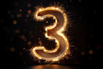 Golden sparkling number three on black background. Symbol 3. Invitation for a third birthday party, business anniversary, or any event celebrating a third milestone.