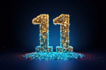 Golden and blue sparkling number eleven on dark background. Symbol 11. Invitation for a eleventh birthday party or business anniversary.