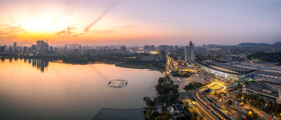 Aerial photography of the night view of the city by Xuanwu Lake in Nanjing