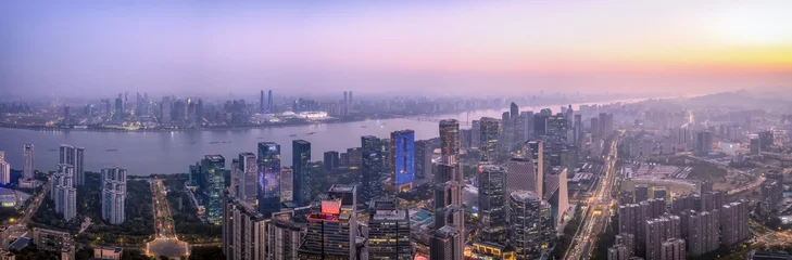 Fototapeten Lila Aerial photography of urban landscape night scenes on both sides of the Qiantang River in Hangzhou..  © zhouyilu