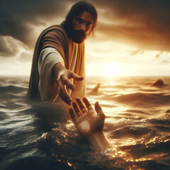 Jesus Christ giving a hand, concept of God's help to sinful humans