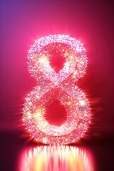 Fototapeta premium Pink glowing number eight. 8 Years Old. Eighth Birthday Celebration. Girls party. Girl celebrates. Special event. Anniversary of beauty company, women's business. Vertical picture.