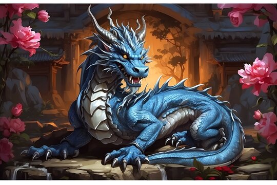 The traditional oriental blue dragon is friendly and not scary. The background is in an oriental painting style and the dragon's tail is detailed.