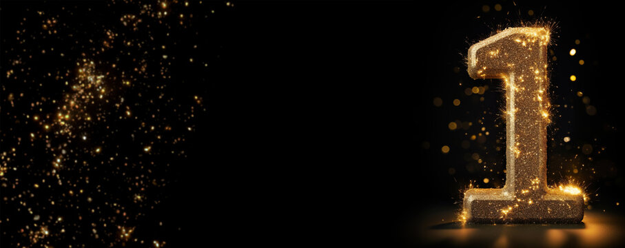 Golden sparkling number one on black background with copy space. Symbol 1. Invitation for first birthday party, business anniversary, or any event celebrating a first milestone. Banner.