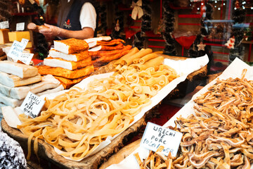 Traditional unhealthy meat dish from Balkan - fried pork skin, crispy pork ears and cvarci