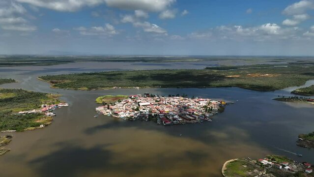 Aerial view approaching the Mexcaltitan, Magic Town, in sunny Nayarit, Mexico