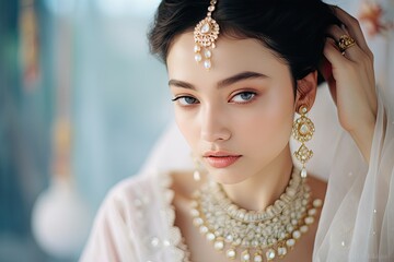 A beautiful Indian woman in traditional attire, showcasing elegance and bridal charm with intricate jewelry. - obrazy, fototapety, plakaty