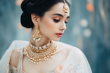 An elegant Indian bride adorned with traditional jewelry, a lace veil, and a lace saree. - obrazy, fototapety, plakaty