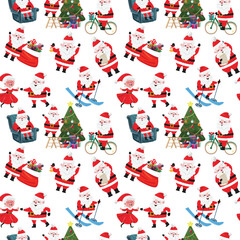 Background with Santa Claus and his wife. Santa Claus doing different activities and leisure