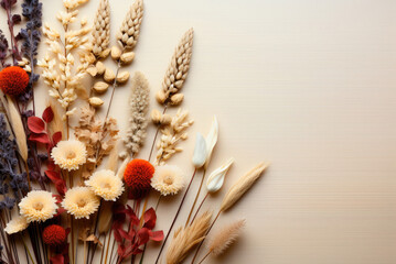 Different dried flowers on light background with copy space