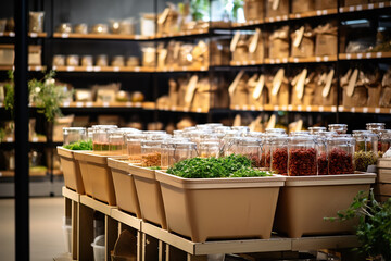  A packaging-free organic grocery store offering zero waste shopping with bulk bins, promoting sustainable consumerism and an environment-friendly approach.
