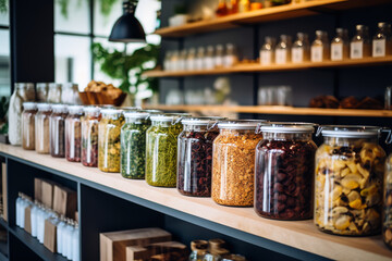  A zero-waste grocery store offering bulk organic products and refill stations, encouraging environmentally conscious shopping and sustainable lifestyles.
 - obrazy, fototapety, plakaty