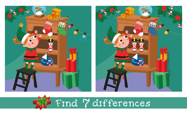 Cute elf in Christmas workshop. Find 7 differences. Educational puzzle game for children. Cartoon funny characters. Vector illustration for kids.