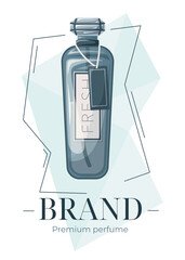 Trendy vector advertising banner template. Elegant blue cartoon women perfume bottle, packaging or flyer design.