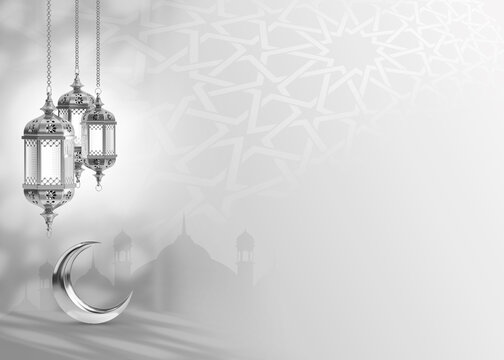 Ramadan Kareem. Islamic greeting template with ramadan for wallpaper design. Poster, media banner . Silver lamp and a crescent moon on a gray