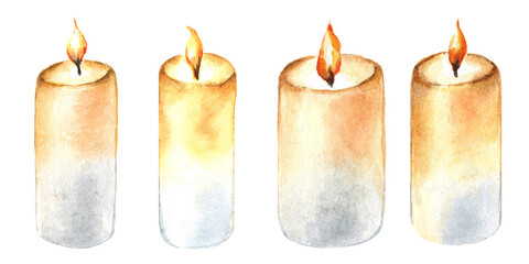 Set of watercolor candles. Hand drawn illustration