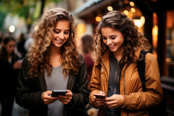 Young female students looking into their smartphones and smiling