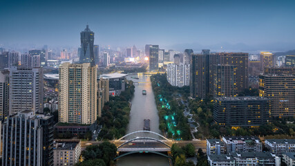 Aerial photography of night scenes in the old city of Hangzhou